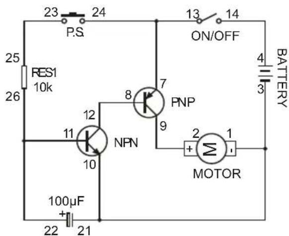23 24 P.S. 13 14 ON/OFF RES1 10k 25 26 8 7 PNP 4 BATTERY 3 NPN 9 12 11 100µF 2 1 MOTOR 22 21