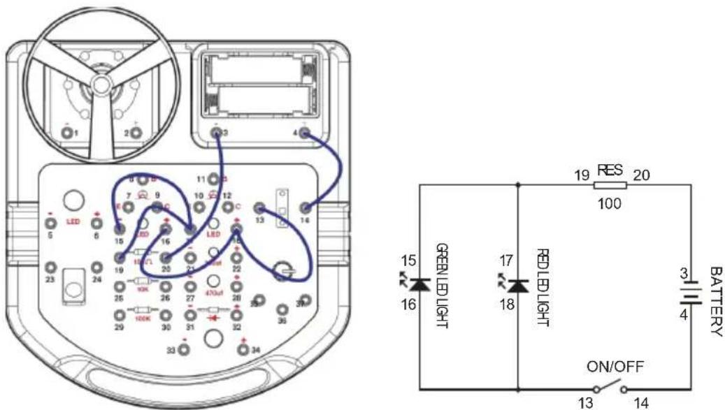 Diagram of an electronic device showing LED, resistor, and battery connections with numbered components and a schematic layout.