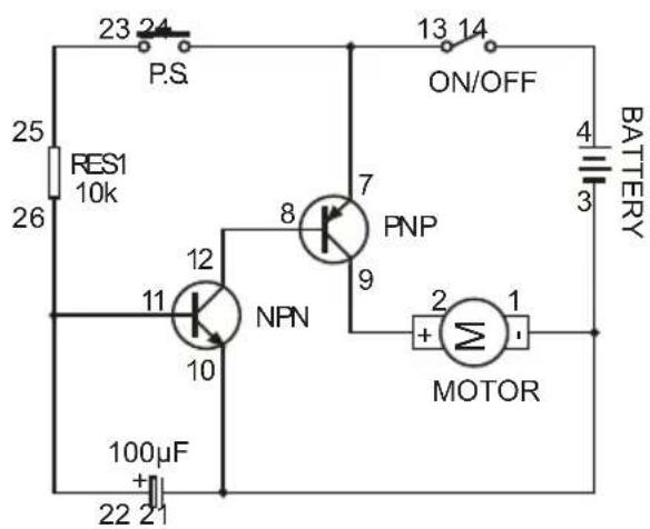 23 24 P.S. RES1 10k 25 26 100µF 22 21 8 7 PNP 9 13 14 ON/OFF BATTERY 4 3 2 1 MOTOR