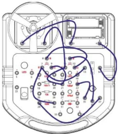 Diagram of an electronic device with labeled components and wiring connections, including LEDs, resistors, and a 100μF power supply.