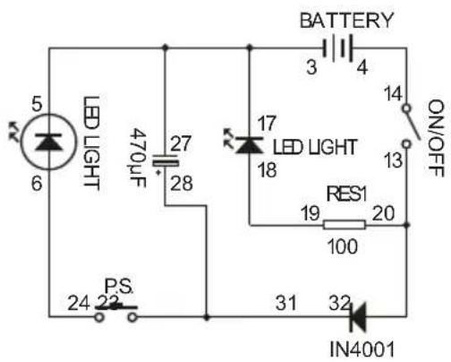 5 6 LED LIGHT 470μF 27 28 PS 24 17 LED LIGHT 18 BATTERY 3 4 14 ON/OFF RES1 19 20 100 31 32 IN4001