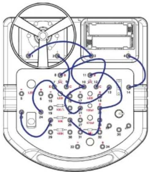 Diagram of an electronic device with labeled components and connections, including LEDs, resistors, and a motor.