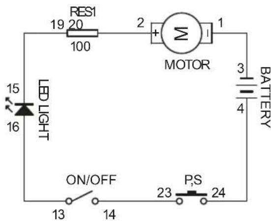 RES1 19 20 100 2 MOTOR 1 LED LIGHT 15 16 3 BATTERY 4 ON/OFF 23 P,S 24 13 14
