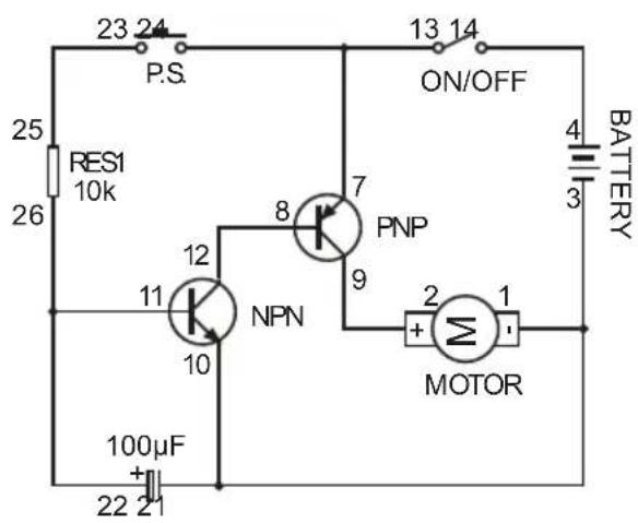 23 24 P.S. RES1 10k 25 26 100µF 22 21 ON/OFF 7 8 9 PNP 12 NPN 11 10 2 1 MOTOR 4 3 BATTERY