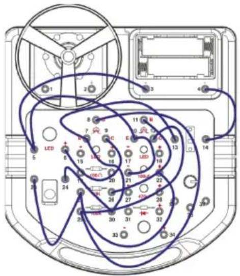 Diagram of an electronic device with labeled components and wiring connections, including LED indicators and numbered pins.