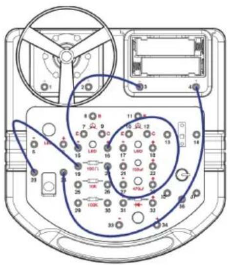 Diagram of an electronic device rear panel with labeled components and wiring connections