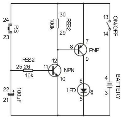 24 P.S 23 RES2 100k 30 RES2 29 10 8 7 PNP 9 25 26 10k NPN 11 10 LED 6 5 22 + 100μF 21 ON/OFF 13 14 BATTERY 4 3