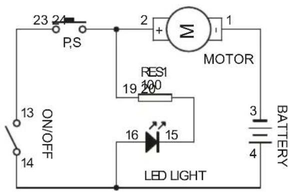 23 24 P,S 1 2 + MOTOR RES1 19 100 13 ON/OFF 14 16 15 LED LIGHT 3 BATTERY 4