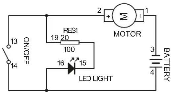 ON/OFF 13 14 RES1 19 20 100 16 15 LED LIGHT 2 + MOTOR 1 BATTERY 3 4