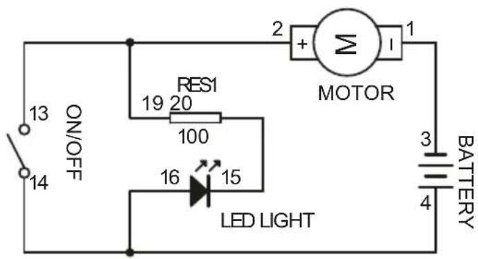 ON/OFF 13 14 RES1 19 20 100 16 15 LED LIGHT 2 + MOTOR 1 1 3 BATTERY 4