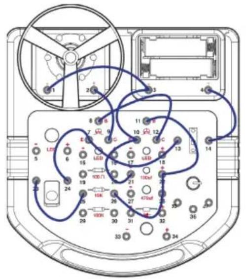 Diagram of an electronic device rear panel with labeled components and wiring connections