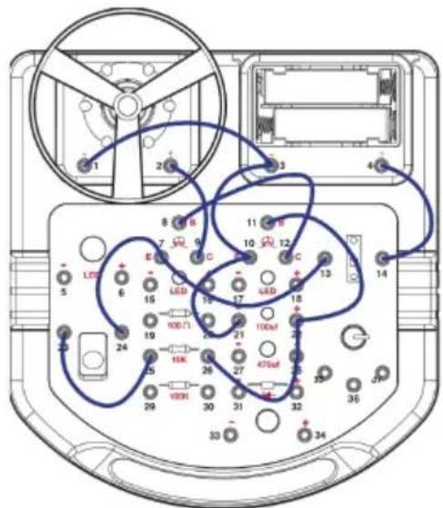 Technical diagram of an electronic device front panel with labeled components and wiring paths