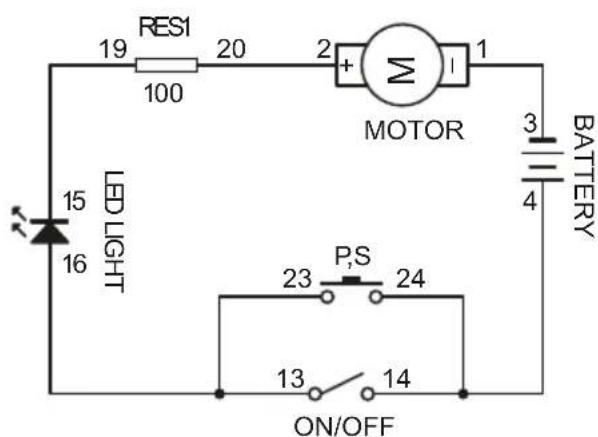 RESI 19 20 2 + 100 MOTOR 3 BATTERY 4 LED LIGHT 15 16 P,S 23 24 ON/OFF