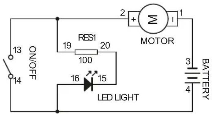 ON/OFF 13 14 RES1 19 20 100 16 15 LED LIGHT 2 + Σ I MOTOR 3 BATTERY 4
