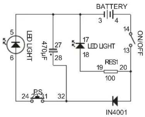 5 6 LED LIGHT 470μF 27 28 17 LED LIGHT 18 BATTERY 3 4 14 ON/OFF 13 RES1 20 19 100 PS 24 22 31 32 IN4001