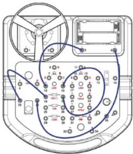 Technical diagram of an electronic device rear panel with labeled components and wiring connections