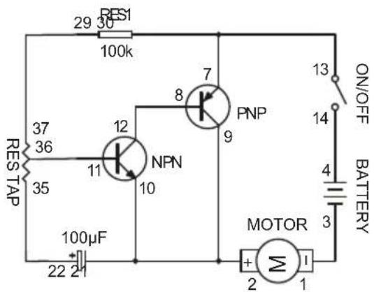 RES1 29 30 100k RES TAP 37 36 35 12 NPN 8 7 9 PNP 10 13 ON/OFF 14 BATTERY 4 3 MOTOR + - 2 1 100μF 22 2