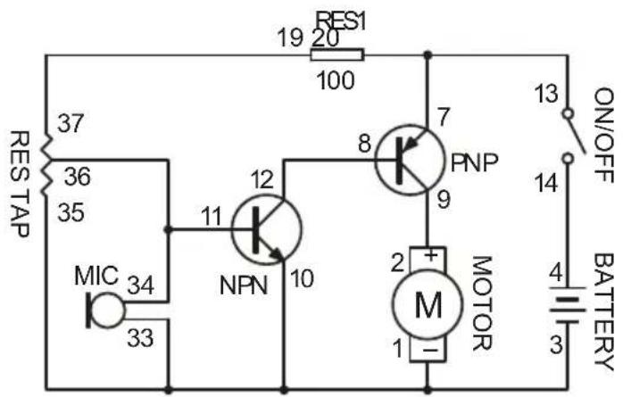 RES1 19 20 100 37 RES TAP 36 35 MIC 34 33 NPN 12 11 10 8 7 PNP 9 2 + M 1 - MOTOR ON/OFF 13 14 4 3 BATTERY
