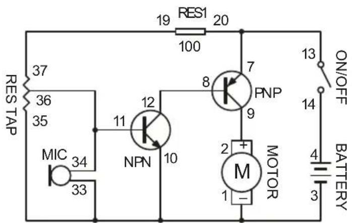 RES1 20 19 100 37 36 35 RES TAP MIC 34 33 11 NPN 12 8 7 PNP 9 2 + M 1 - MOTOR ON/OFF 13 14 3 4 BATTERY