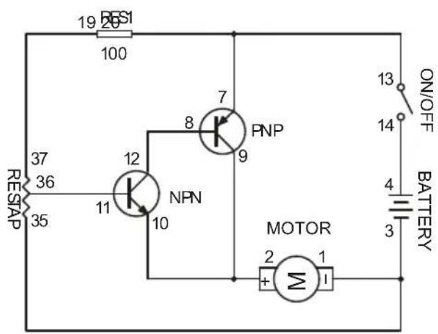 RES1 19 20 100 RESAP 37 36 35 12 NPN 8 7 PNP 9 10 MOTOR 2 1 + - 1 ON/OFF 13 14 BATTERY 4 3