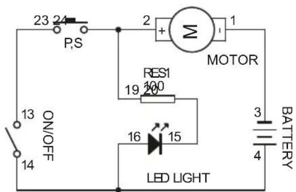 23 24 P.S 1 2 + MOTOR RES1 19 100 16 15 LED LIGHT 13 ON/OFF 14 3 BATTERY 4