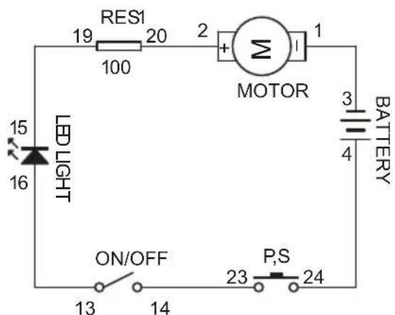RES1 19 20 2 1 100 MOTOR LED LIGHT 15 16 3 4 BATTERY ON/OFF P,S 13 14 23 24