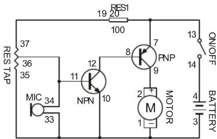 RES1 19 20 100 37 36 35 RES TAP MIC 34 33 11 NPN 12 10 8 7 PNP 9 2 + M 1 - MOTOR ON/OFF 13 14 4 3 BATTERY