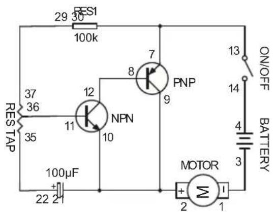 RES1 29 30 100k RES TAP 37 36 35 12 NPN 11 10 8 7 PNP 9 13 ON/OFF 14 BATTERY 4 3 MOTOR + - 2 1 100μF 22 21