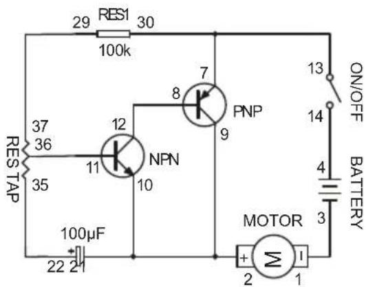 RES1 30 29 100k RES TAP 37 36 35 12 NPN 8 7 9 PNP 10 13 ON/OFF 14 BATTERY 4 3 MOTOR + - 2 1 100μF 22 2