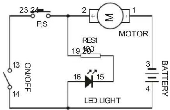 23 24 P,S 1 2 + MOTOR RES1 19 100 10 16 15 ON/OFF LED LIGHT 3 BATTERY 4 13 14