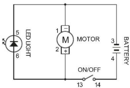 LED LIGHT 5 6 1 M 2 + MOTOR 3 4 ON/OFF 13 14 BATTERY