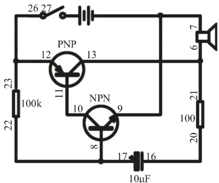 26 27 PNP 12 13 11 NPN 10 9 8 17 16 100k 23 22 20 100k 6 7 21 17 16 10µF