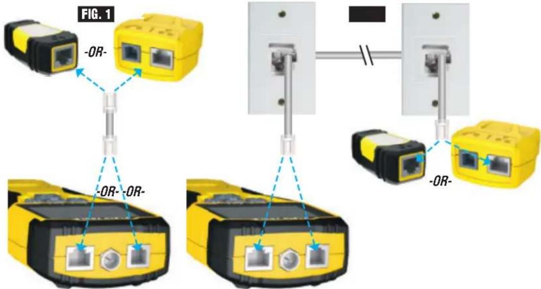 Klein Tools Scout 3 Pro - TESTING CONTINUITY ON TERMINATED OR INSTALLED RJ45/RJ11/RJ12 CABLE (FIG. 1, FIG. 2): - 1