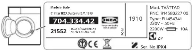 IKEA TVÄTTAD 604.940.65 - Rating plate position 4 - 1