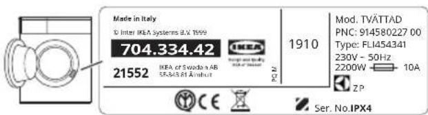 IKEA TVÄTTAD 404.889.80 - Positie typeplaatje 4 - 1
