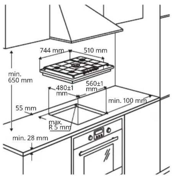 744 mm 510 mm min. 650 mm 480±1 mm 560±1 mm 55 mm max. R 5 mm min. 28 mm min. 100 mm