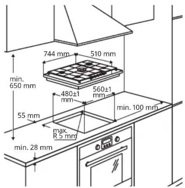 744 mm 510 mm min. 650 mm 480±1 mm 560±1 mm 55 mm max. R 5 mm min. 28 mm min. 100 mm
