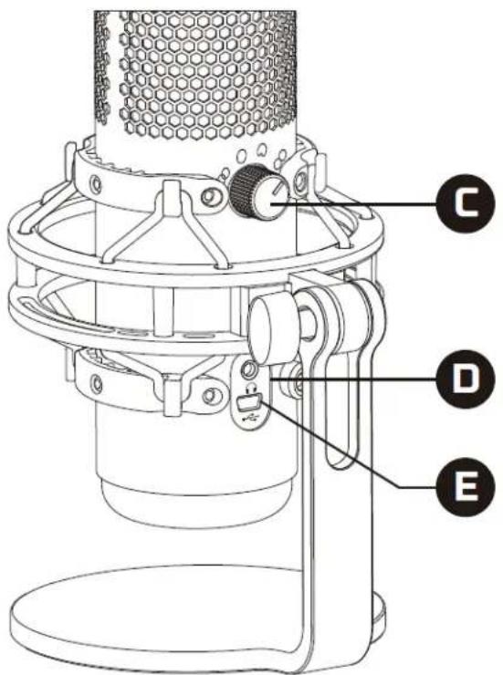 Technical diagram of a microphone with labeled parts C, D, and E