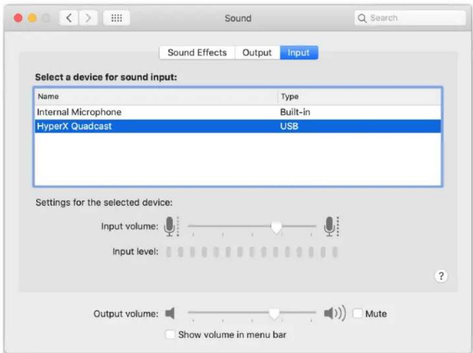 Select a device for sound input: Name Type Internal Microphone Built-in HyperX Quadcast USB Settings for the selected device: Input volume: Input level: Output volume: Mute Show volume in menu bar