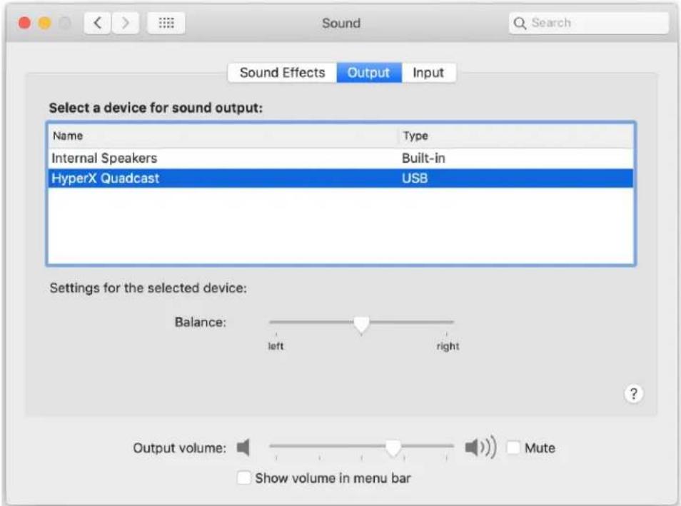 Sound Effects Output Input Select a device for sound output: Name Type Internal Speakers Built-in HyperX Quadcast USB Settings for the selected device: Balance: left right Output volume: Mute Show volume in menu bar