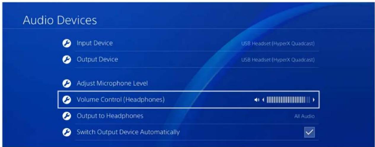 Audio Devices Input Device Output Device Adjust Microphone Level Volume Control (Headphones) Output to Headphones Switch Output Device Automatically USB Headset (HyperX Quadcast) USB Headset (HyperX Quadcast) All Audio