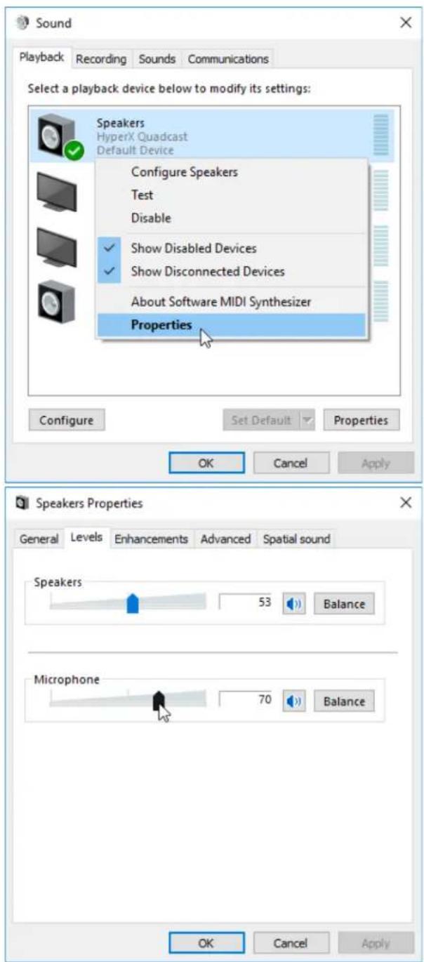 Sound Playback Recording Sounds Communications Select a playback device below to modify its settings: Speakers HyperX Quadcast Default Device Configure Speakers Test Disable ✓ Show Disabled Devices ✓ Show Disconnected Devices About Software MIDI Synthesizer Properties Configure Set Default Properties OK Cancel Apply Speakers Properties General Levels Enhancements Advanced Spatial sound Speakers 53 Balance Microphone 70 Balance OK Cancel Apply