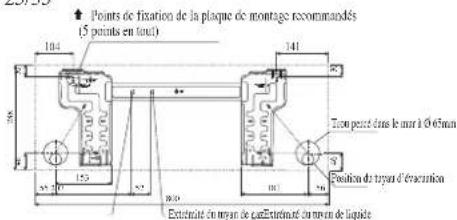Points de fixation de la plaque de montage recommandés (5 points en tout) 104 286 152 141 Tempuré dans le jour à 0,65mm Position du moyen d'évacuation Extrénité du moyen de gazExtrénité du moyen de liquide