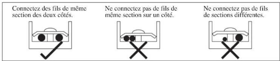 Connectez des fils de même section des deux côtés. Ne connectez pas de fils de même section sur un côté. Ne connectez pas de fils de sections différentes.