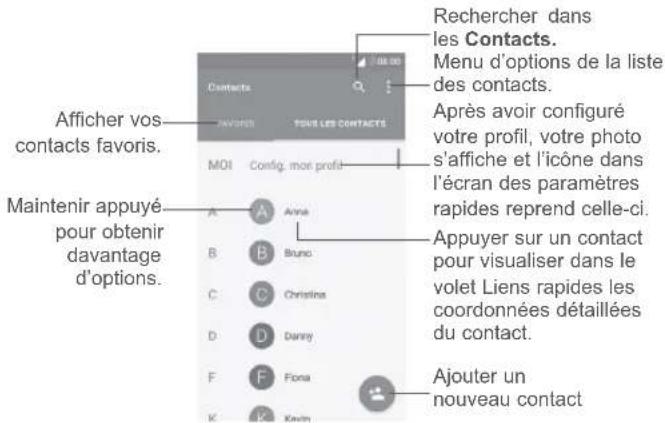 Afficher vos contacts favors. Maintenir appuyé pour obtenir davantage d'options. MOI Config. moi profit Rechercher dans les Contacts. Menu d'options de la liste des contacts. Après avoir configuré votre profil, votre photo s'affiche et l'icône dans l'écran des paramètres rapides reprend celle-ci. Appuyer sur un contact pour visualiser dans le volet Liens rapides les coordonnées détaillées du contact. Ajouter un nouveau contact