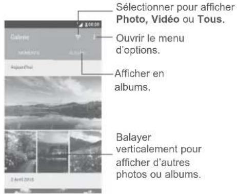 Sélectionner pour afficher Photo, Vidéo ou Tous. Ouvrir le menu d'options. Afficher en albums. Balayer verticalement pour afficher d'autres photos ou albums.
