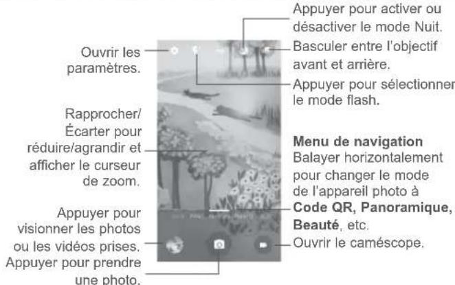 Ouvrir les paramètres. Rapprocher/Écarter pour réduire/agrandir et afficher le curseur de zoom. Appuyer pour visionner les photos ou les vidéos prises. Appuyer pour prendre une photo. Appuyer pour activer ou désactiver le mode Nuit. Basculer entre l'objectif avant et arrière. Appuyer pour sélectionner le mode flash. Menu de navigation Balayer horizontalement pour changer le mode de l'appareil photo à Code QR, Panoramique, Beauté, etc. Ouvrir le caméscope.