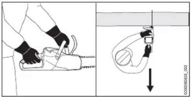 Diagram illustrating a hand tool applying material to a pool, with an inset showing the water level being measured by a submerged device.