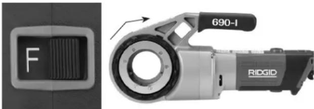 RIDGID 690-I - OPGELET Wijzig de stand van de F/R-schuifschakelaar alleen wanneer de AAN/UIT-schakelaar is losgelaten. Laat de aandrijfmachine volledig tot stilstand komen voordat de draairichting wordt omgedraaid met de F/R-schuifschakelaar. Dat vermindert het risico van schade aan de aandrijfmachine. - 1