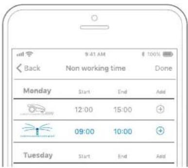 9:41 AM $ 100% Back Non working time Done Monday Start End Add 12:00 15:00 + 09:00 10:00 + Tuesday Start End Add